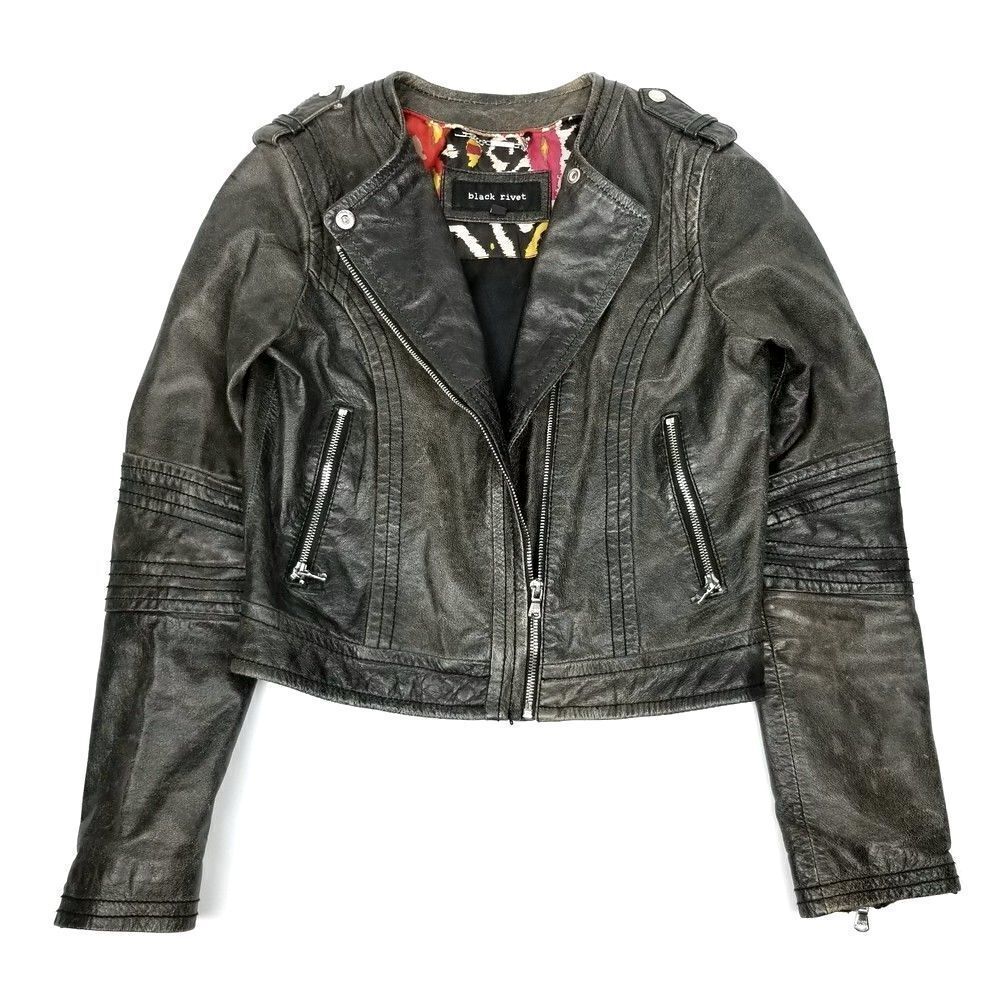 black rivet 90s Grunge Distressed Genuine Leather Crop Moto Jacket Women Small